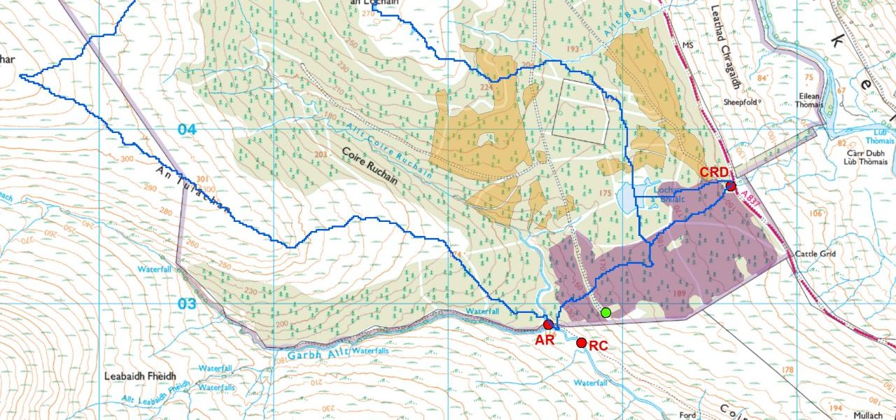 Extract of a map showing the experimental area in Allt Coire Ruchain in the Scottish Highlands.