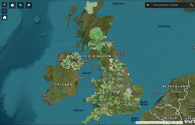 A map showing urban tree canopy cover across the UK represented by shades of green