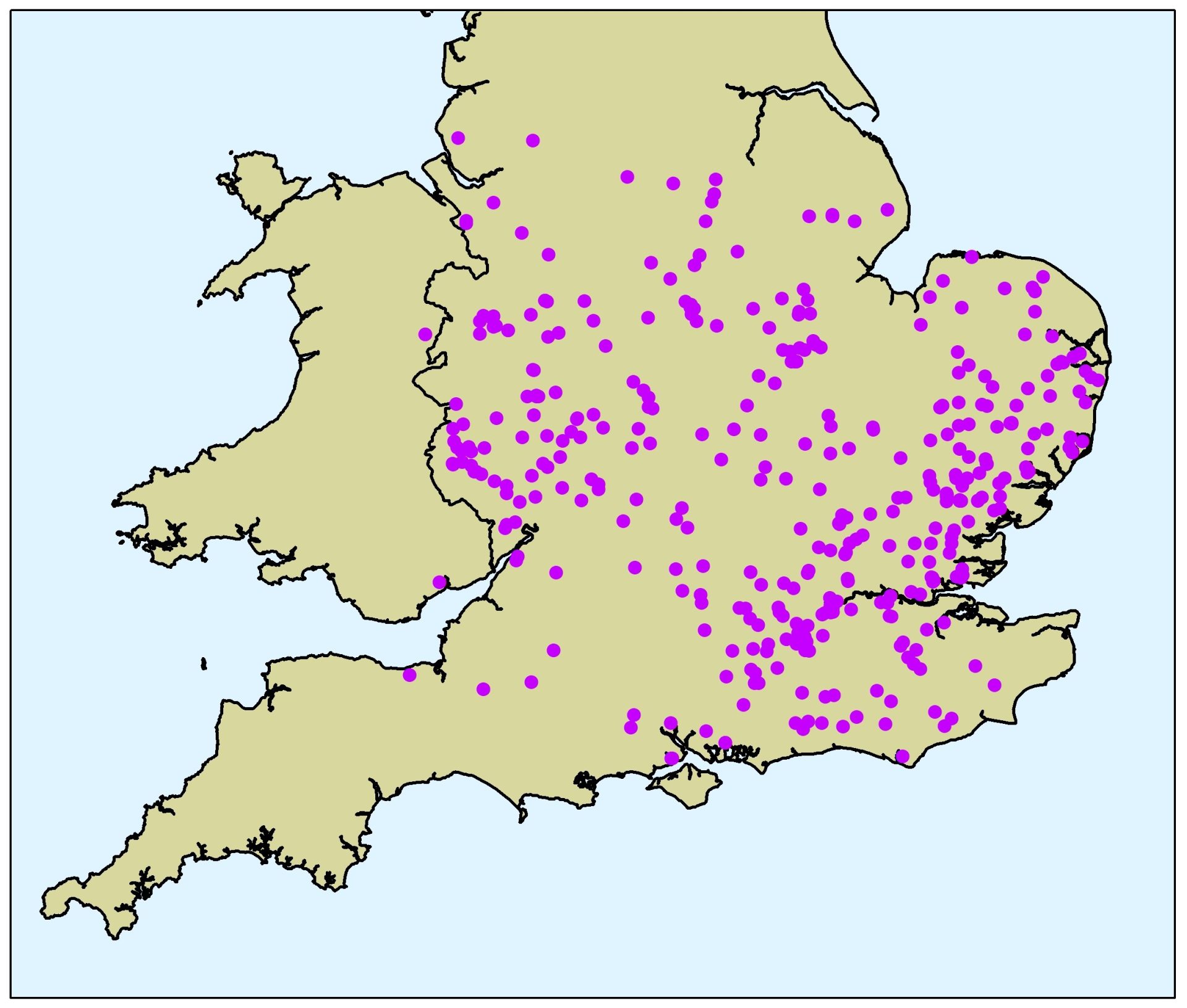 A map showing the current distribution of acute oak decline reports in England as of 2024