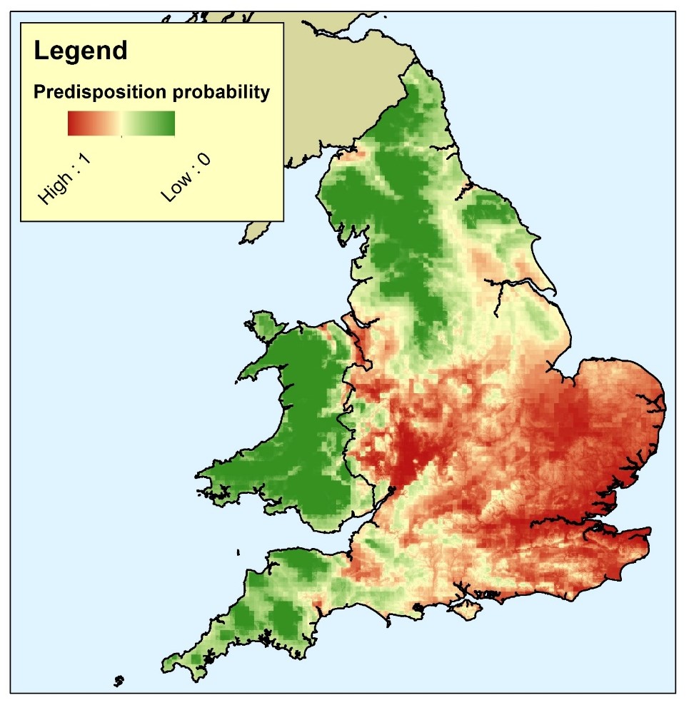 A map showing the probability of where AOD would occur in England and Wales based on modelling of the significant predisposition factors of temperature, rainfall and levels of atmospheric nitrogen pollution.