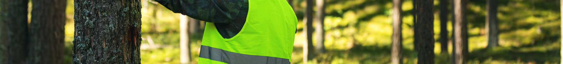 Banner image featuring a high-viz jacket being worn by someone working within a forest stand.