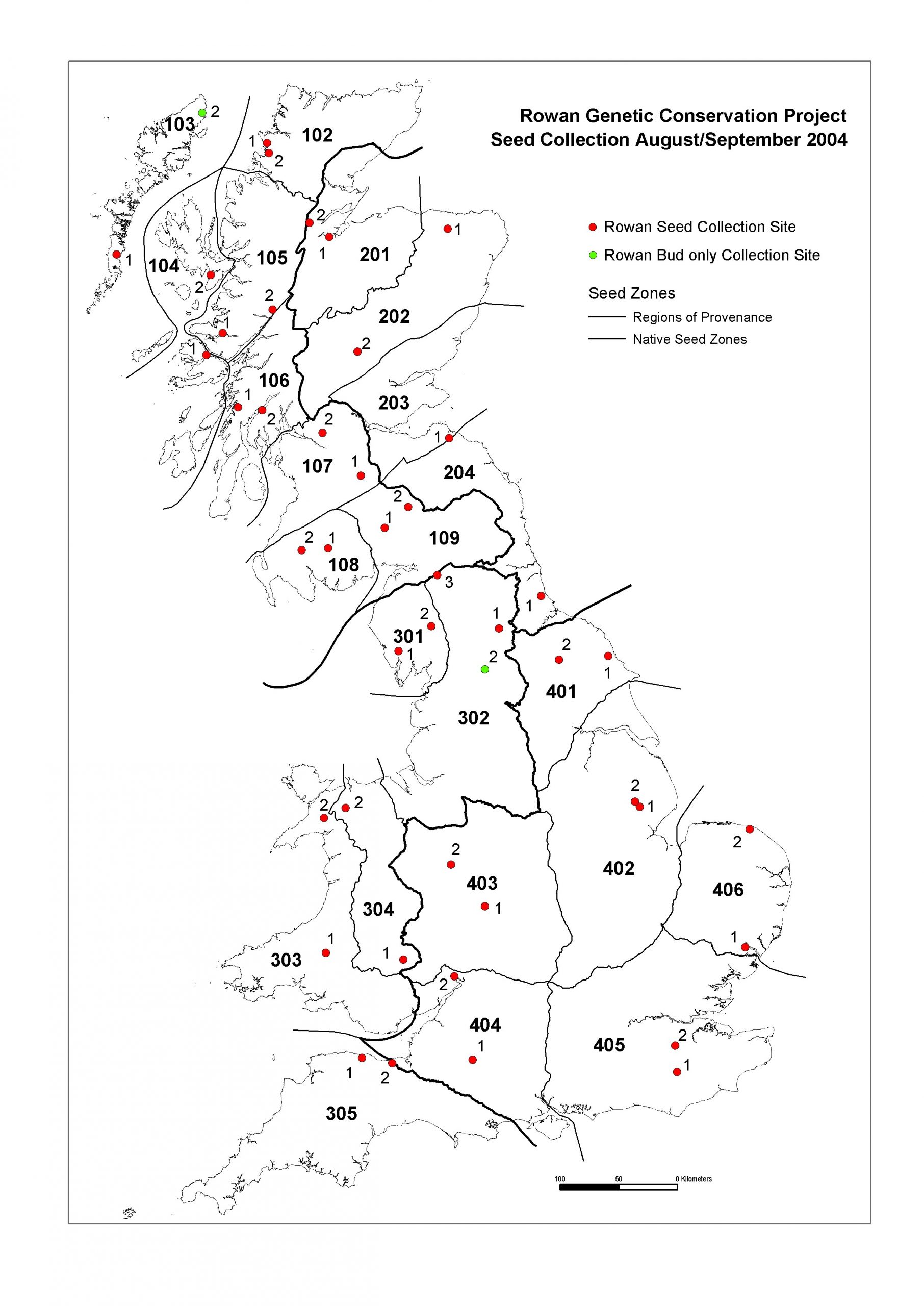 Map of rowan genetic conservation project seed collection August/September 2004