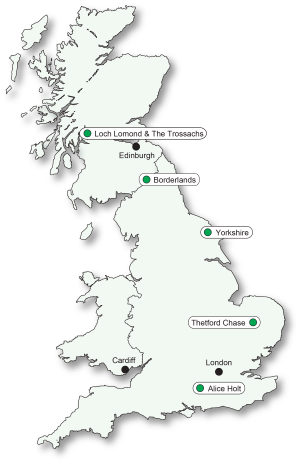 A map of GB showing the locations of the Research Forests as green dots.