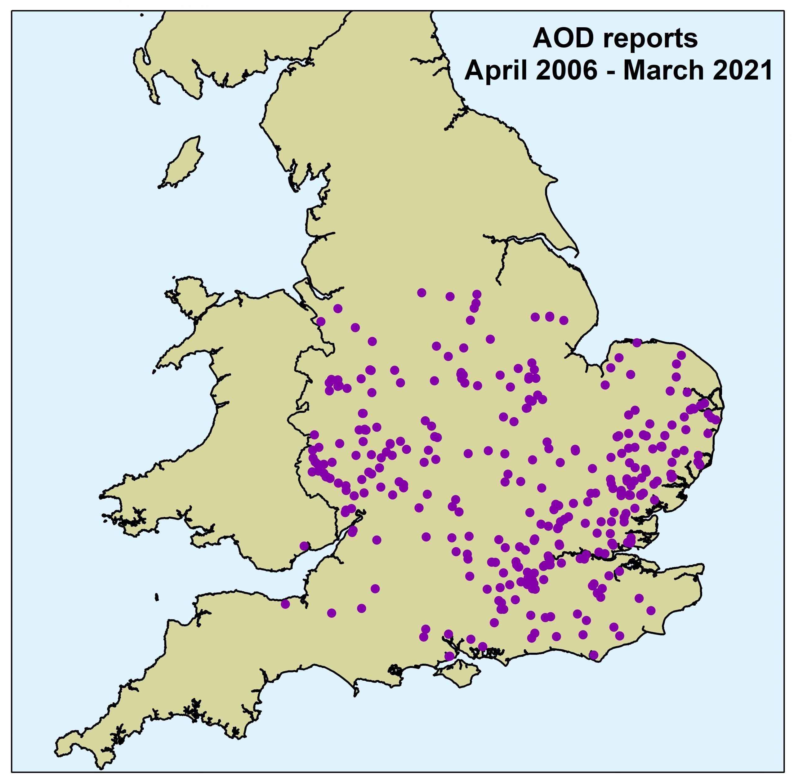 The map displays AOD locations of occurrence from 2006 to March 2021.