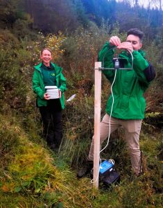 Matt Watkins and Racheal Lee setting up a rotorod spore trap in the Dyfi forest, Wales.