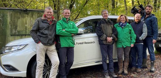The BBC Countryfile film team with Forest Research staff in the woodlands at Alice Holt.
