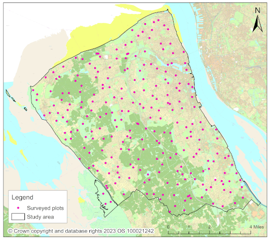 Map of Wirral i-Tree Eco study area and locations of sample plots
