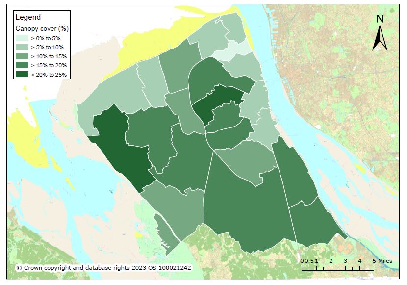 Map of Wirral showing tree canopy cover in each ward.