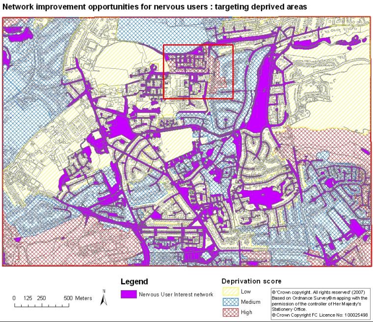 Map showing areas where homes do not currently have access to greenspace within low, medium and high levels of deprivation and illustrating an area containing housing within a high level of deprivation which may be a priority for greenspace network improvement.