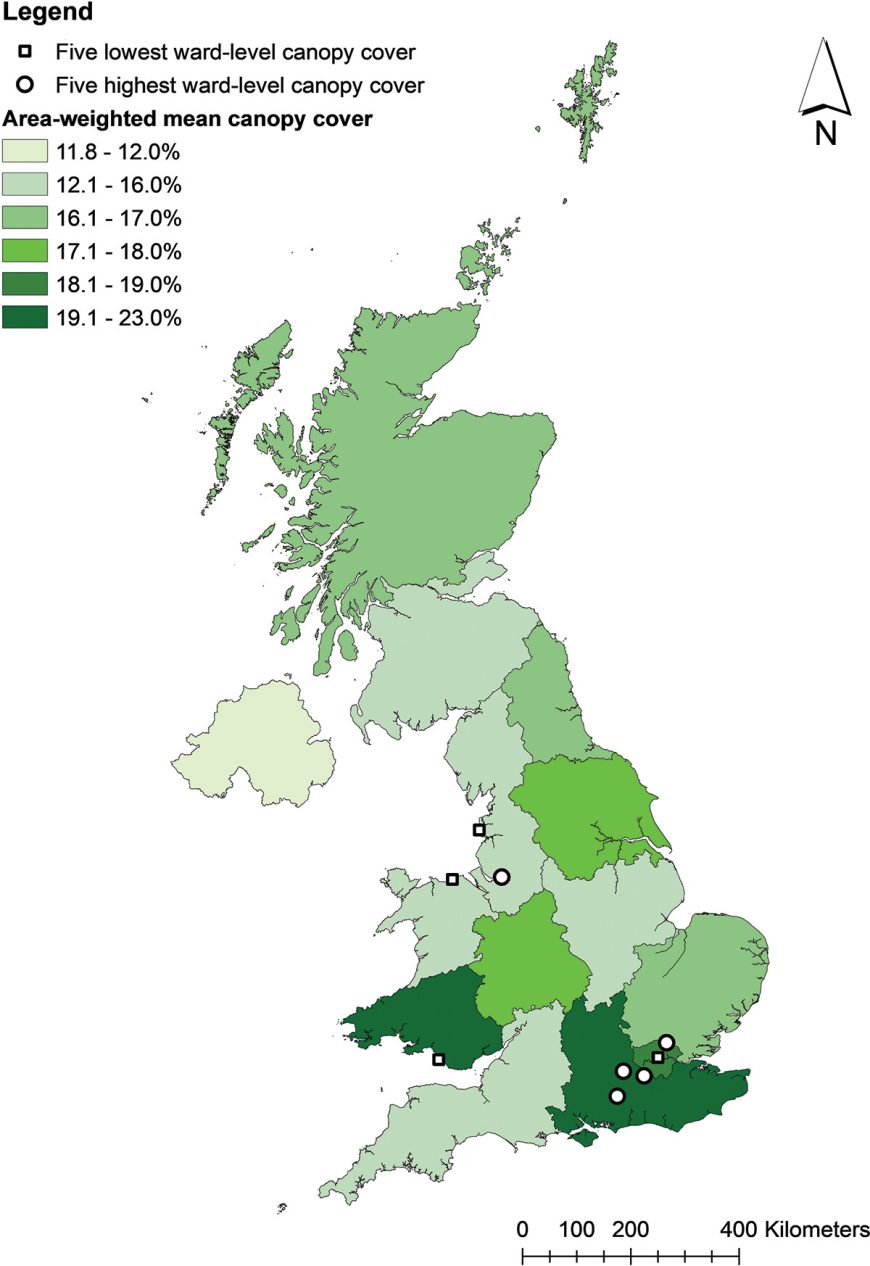 The canopy cover Webmap of the United Kingdom's towns and cities ...