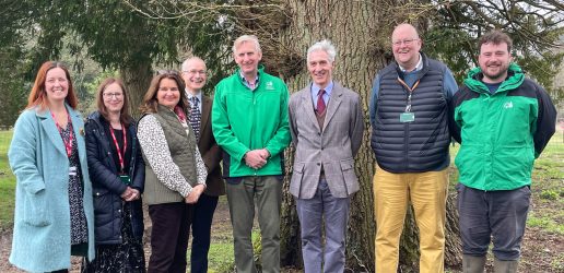Lord Douglas-Miller OBE, Parliamentary Under-Secretary of State at Defra and Minister for Biosecurity, Animal Health and Welfare meets staff from Forest Research, as they gather for a photo at Alice Holt Research Station.