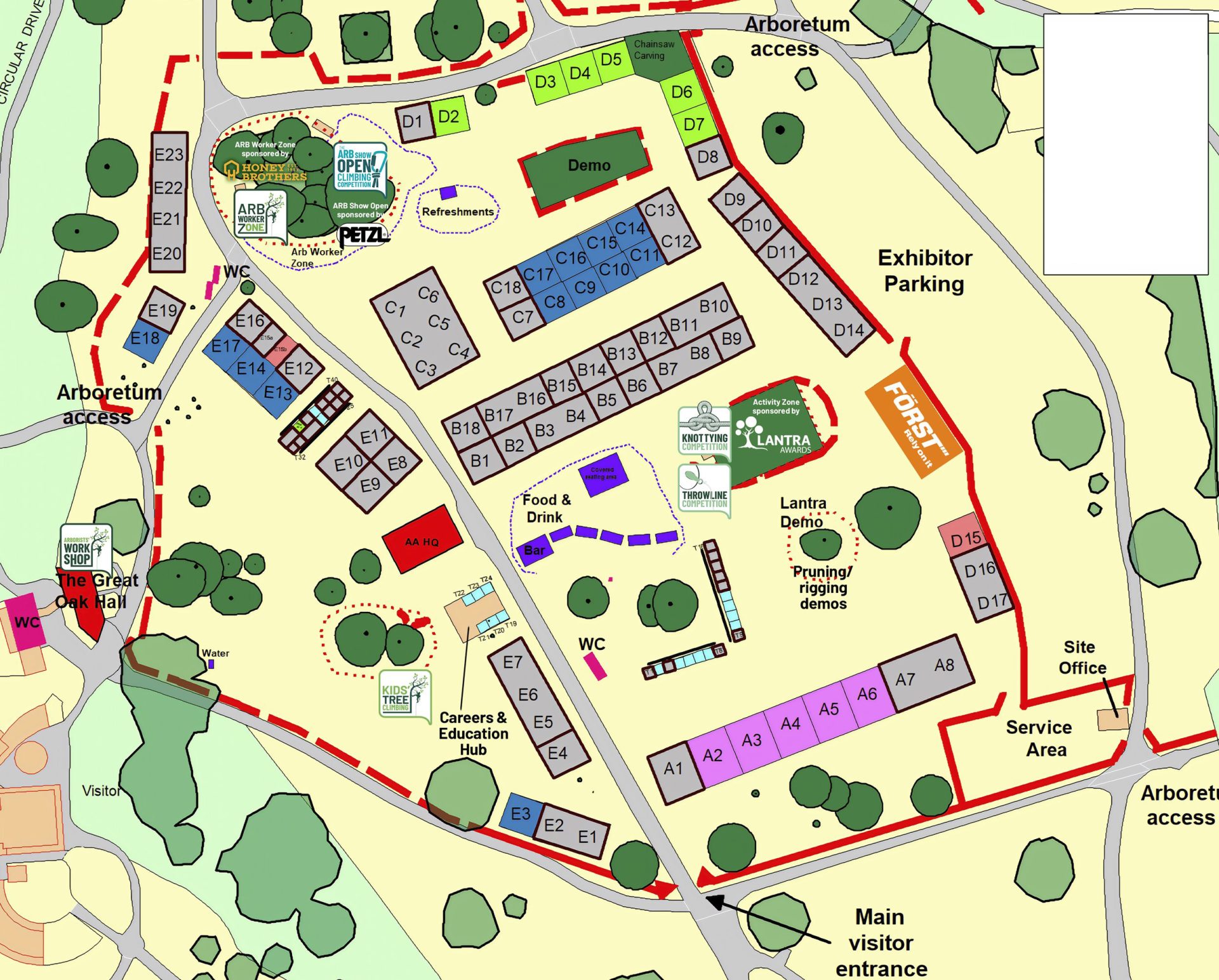 Exhibitor map for the 2024 Arb Show, Forest Research will appear at plot T34, right next to the Forestry Commission at T33.