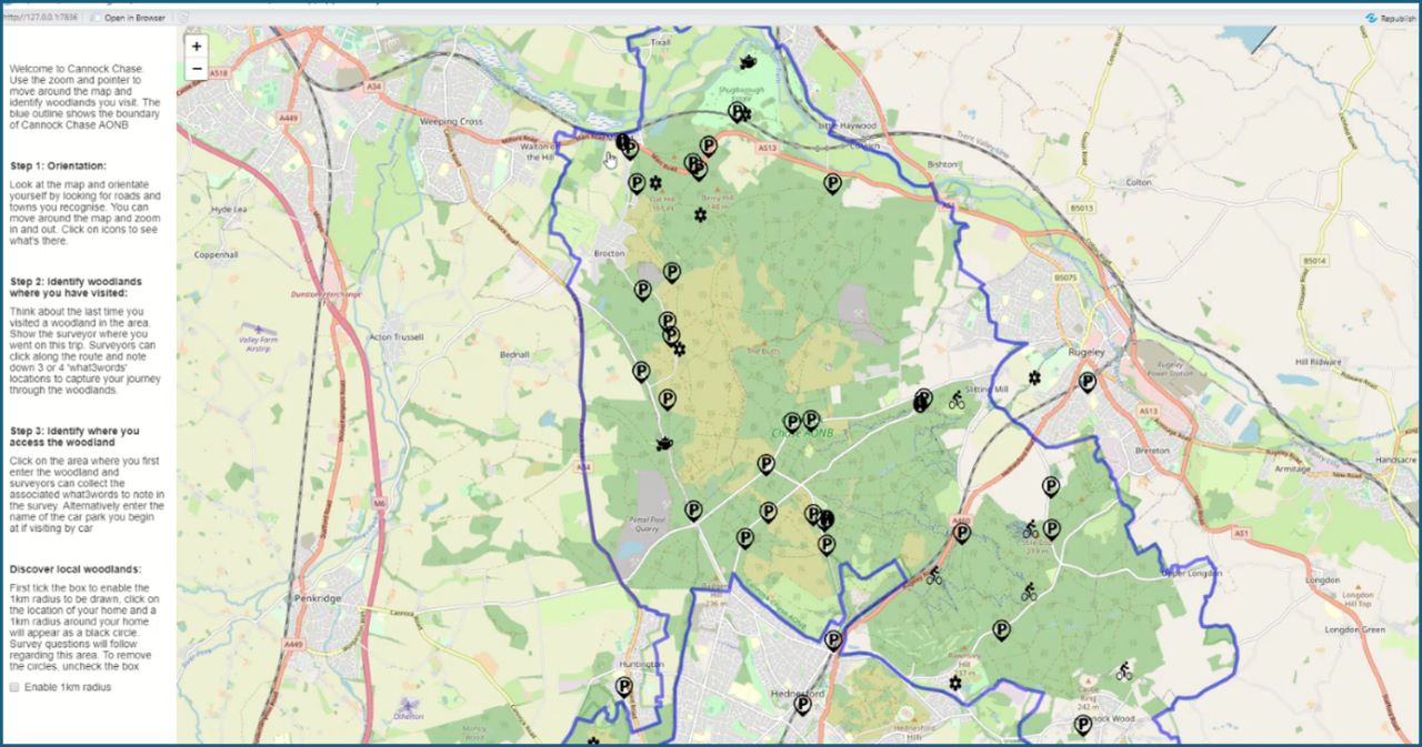 Figure 2: R Shiny app developed to capture 3 points along people’s routes in the forests