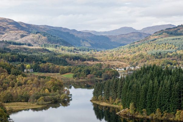 An aerial view of Loch Ard, Scotland.