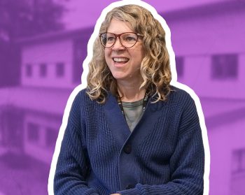 A graphic of Dr Katy Reed smiling with a purple overlay of Alice Holt research station in the background.