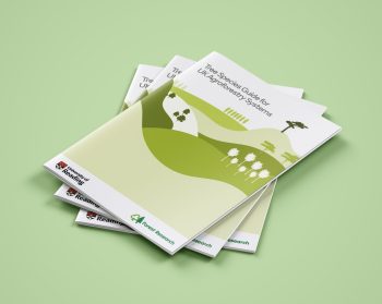 A graphic showing a pile of the "Tree Species Guide for UK Agroforestry Systems in the UK" publications on a light green background.