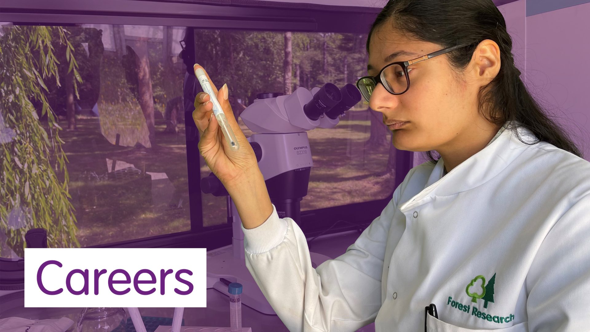 A graphic showing a scientist in a white coat inspecting a sample in a mobile lab. The text reads "Careers".