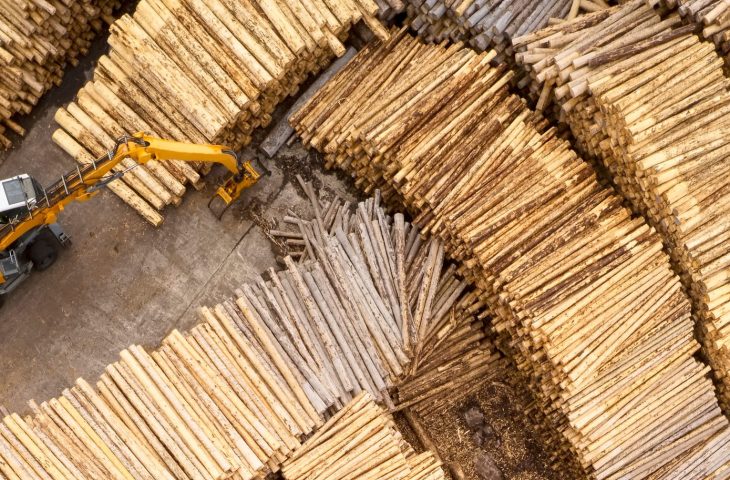 Wood and machinery in timber yard.