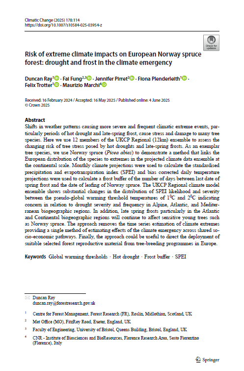 The article "Risk of extreme climate impacts on European Norway spruce forest drought and frost in the climate emergency" front cover.