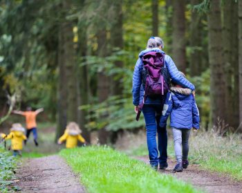 An adult and child walk together along a woodland path with other children in the distance.