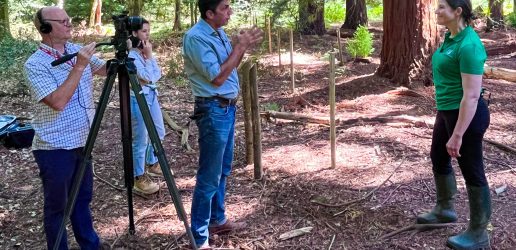 The BBC's Justin Rowlatt interviews Gail Atkinson, Head of Climate Change, standing in a forest with the sun shining through greenery in the background.