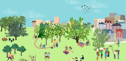 People enjoying activities near trees with buildings in background.