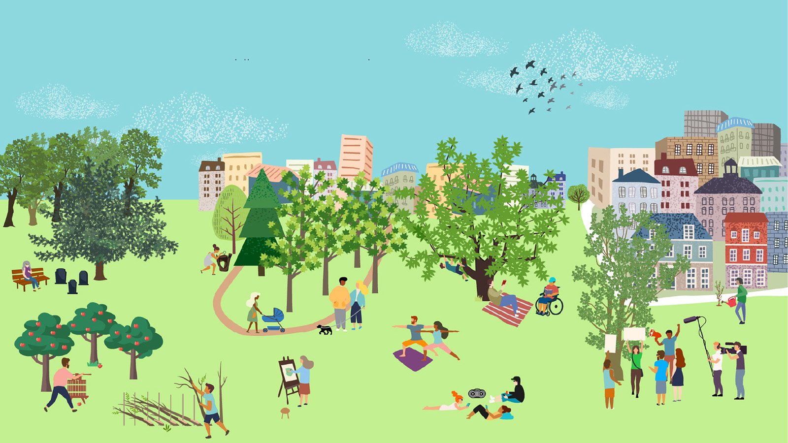 People enjoying activities near trees with buildings in background. 