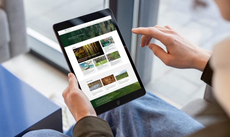 A person using a tablet to explore the Forest Research Climate Change Hub