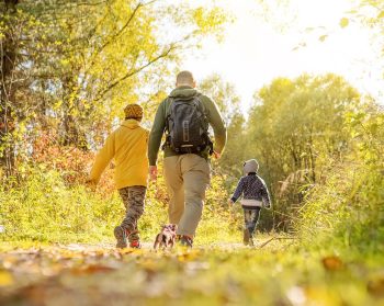 Parent, children and dog waking down path with autumn trees in the background.