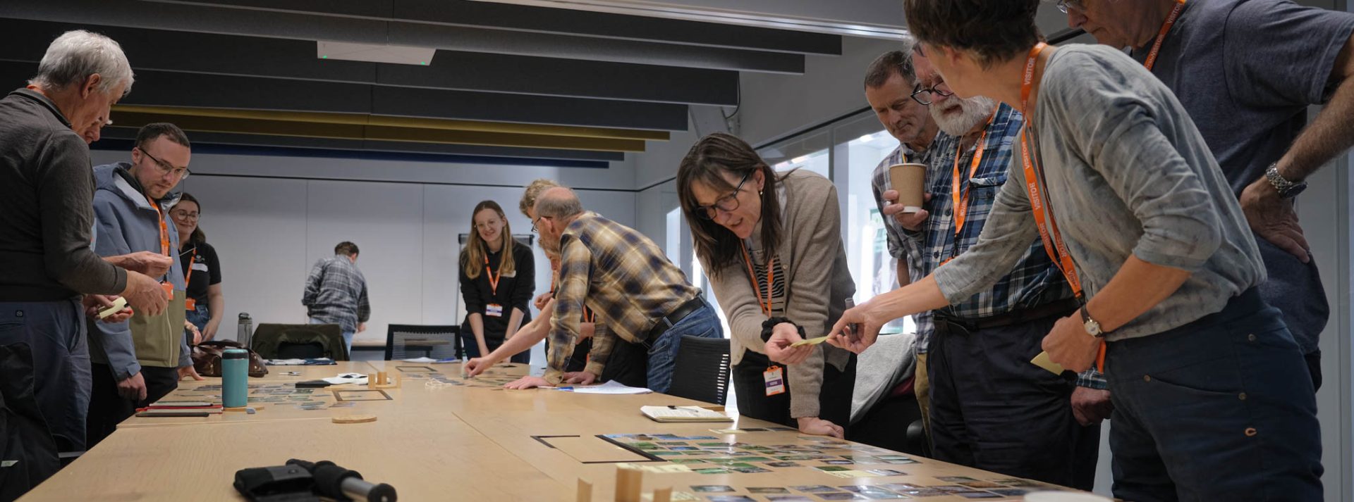 Volunteers gather around table sorting pictures of signs and symptoms of pests and pathogens into categories. 