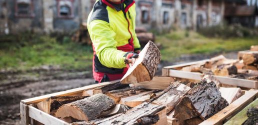Man collects a pile of firewood on a heap. Coniferous and deciduous stacks of firewood.