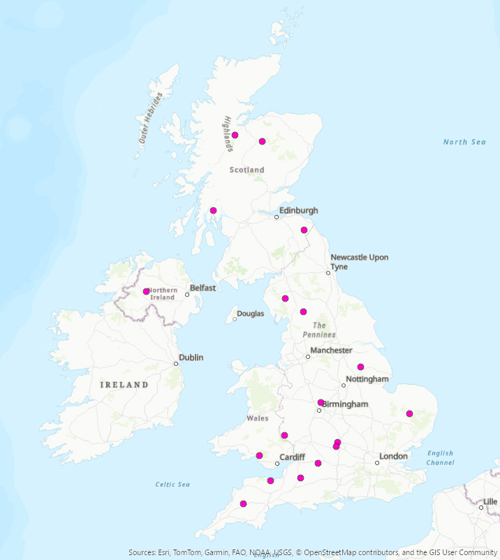 A map showing the pilots throughout Britain.