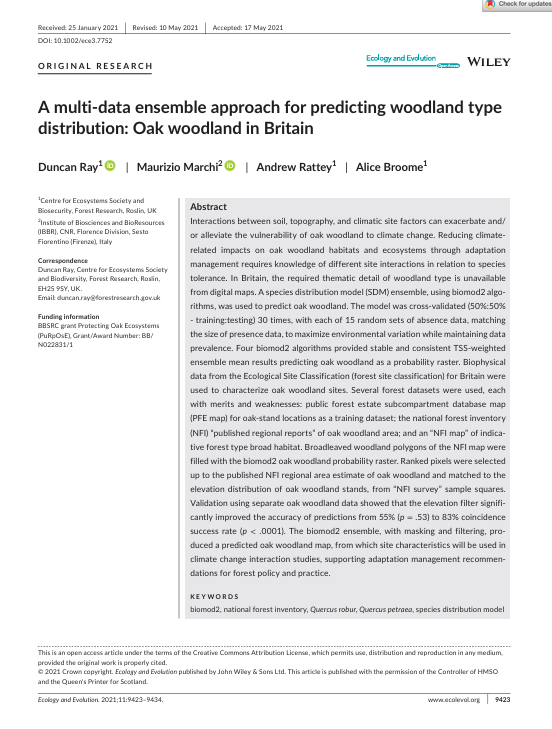 Cover for the journal article A multi-data ensemble approach for predicting woodland type distribution: Oak woodland in Britain