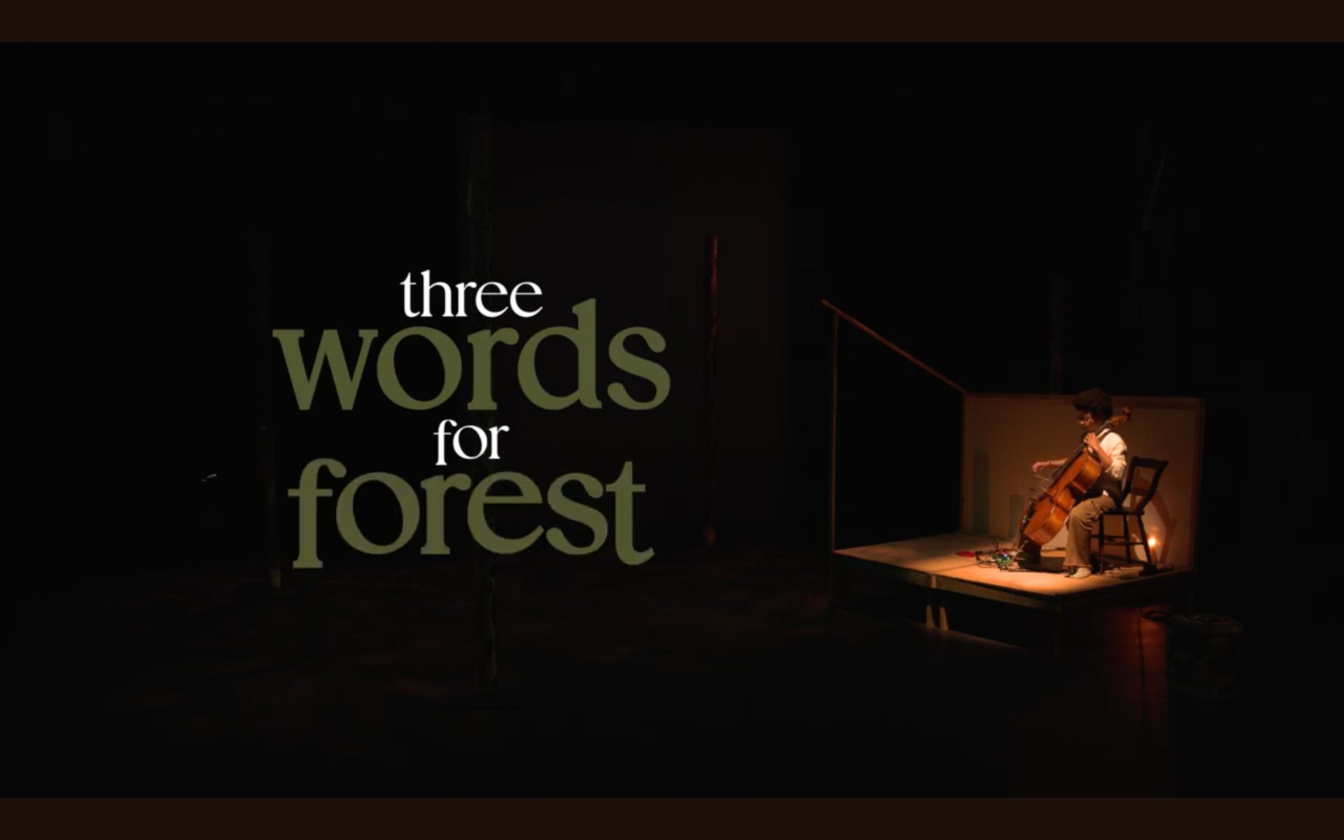 Title of the play, Tree Words for Forest, with person playing cello sitting on chair on stage