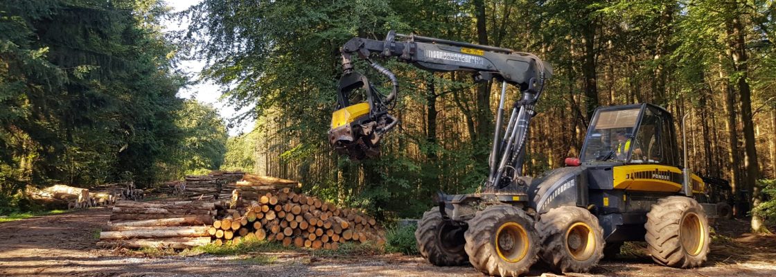 A large piece of forestery machinery next to some recently cut logs.